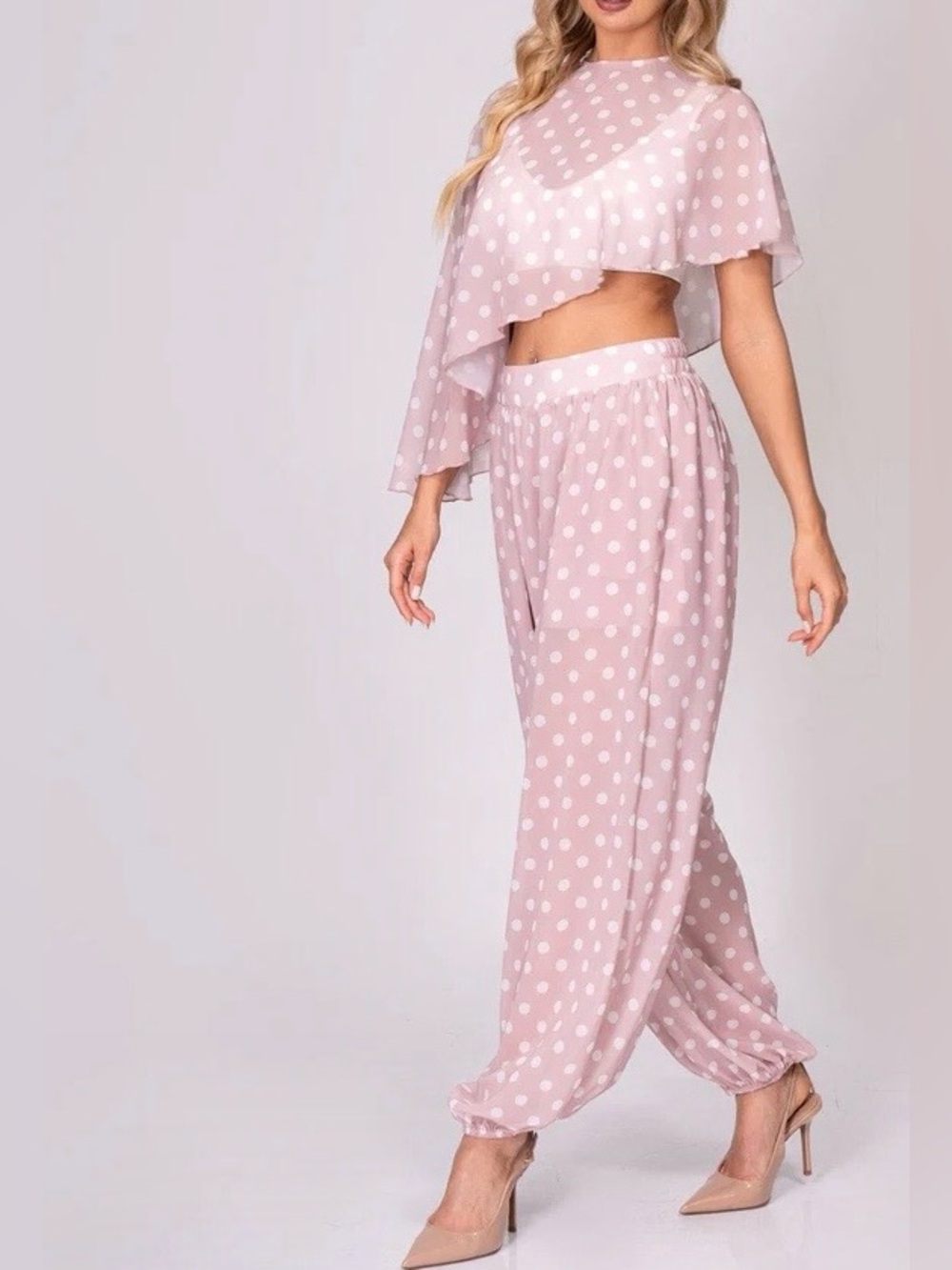0209.  Polka Dot Blouson Crop Top & Wide-Leg Pants Set - Pink - Picture 2 of 4